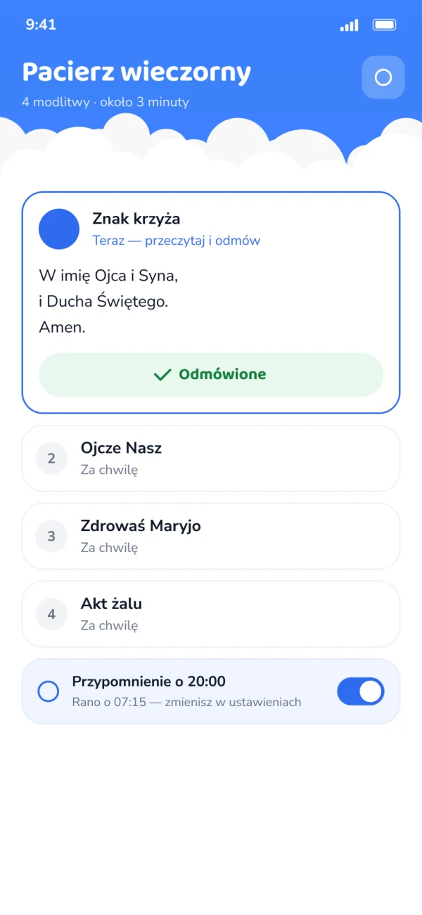 Pacierz wieczorny w aplikacji: lista modlitw na dziś