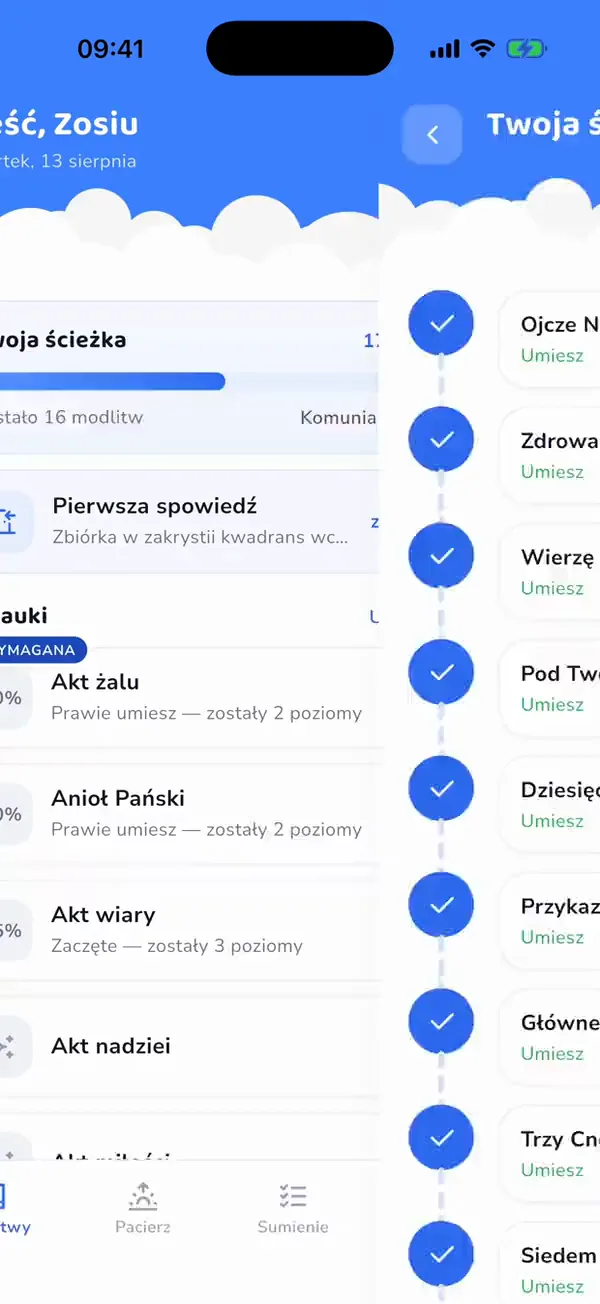 Nagranie ekranu aplikacji: ekran główny dziecka, modlitwa z lektorem i czytanie razem z lektorem