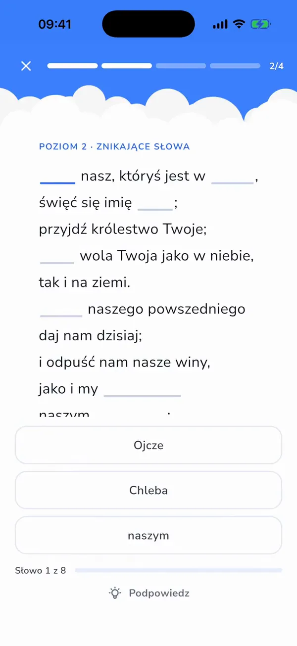 Nagranie ekranu: uzupełnianie brakujących słów w „Ojcze nasz”